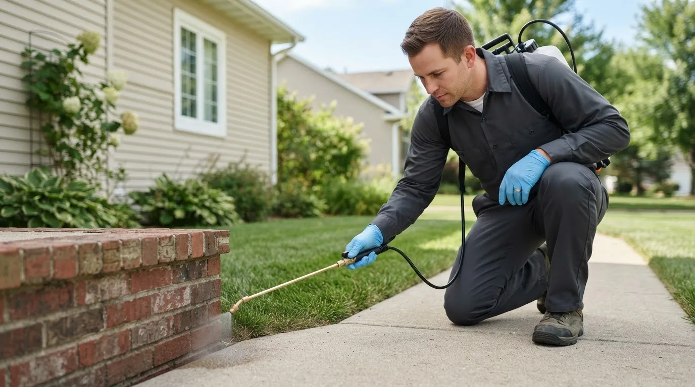 Pest control technician treating a home near Victoria, IL