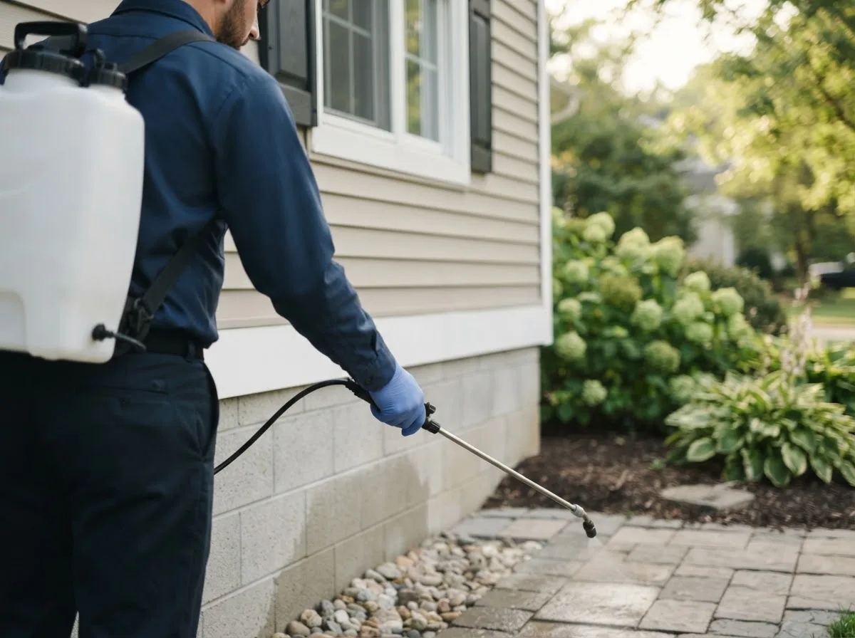 Pest control technician inspecting a home in Victoria, IL